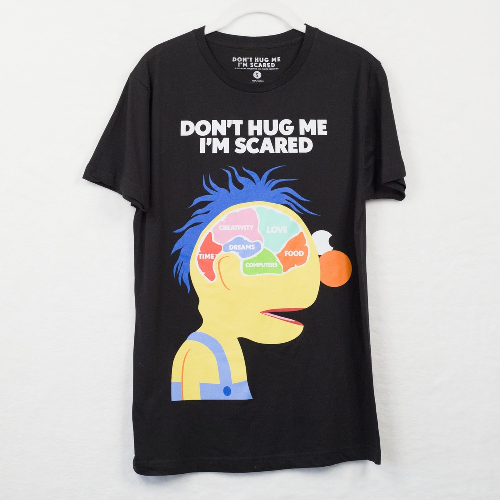 DON'T HUG ME I'M SCARED Yellow Guy Brain Graphic Tee Shirt Black Sz S